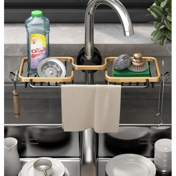 Kitchen Storage Rack Faucet Rack Black Gold Household Sink Dishwashing Sponge Rag Drain Water Hanging Basket Sink