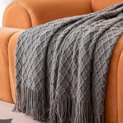 Knit Throw Blanket Textured Dark Grey Throw Blankets with Tassels Bohemian Fringe Throw Blanket