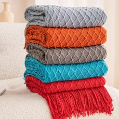 Knit Throw Blanket Textured Dark Grey Throw Blankets with Tassels Bohemian Fringe Throw Blanket