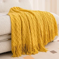 Knit Throw Blanket Textured Dark Grey Throw Blankets with Tassels Bohemian Fringe Throw Blanket