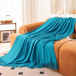 Knit Throw Blanket Textured Dark Grey Throw Blankets with Tassels Bohemian Fringe Throw Blanket