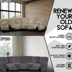 L Shape Recliner Sofa Covers Burgundy Corner Sofa Velvet Stretch Couch Covers for Reclining Sofa Soft Washable(4 Backrest Cover & Seat Cover,1 Coner Sofa Cover, 2 Armrest Cover)