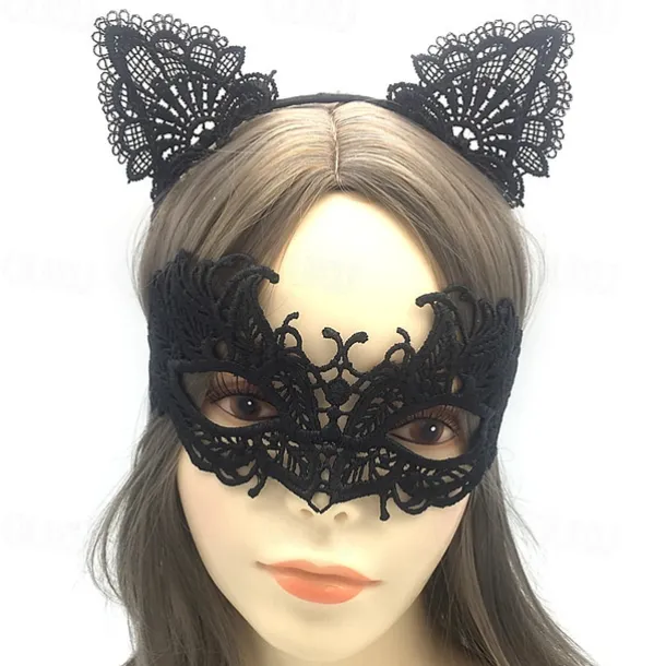 Lace Masquerade Mask for Women, Black Masquerade Mask for Women Cat Mask Cat Ear Headband with Heart Chokerl