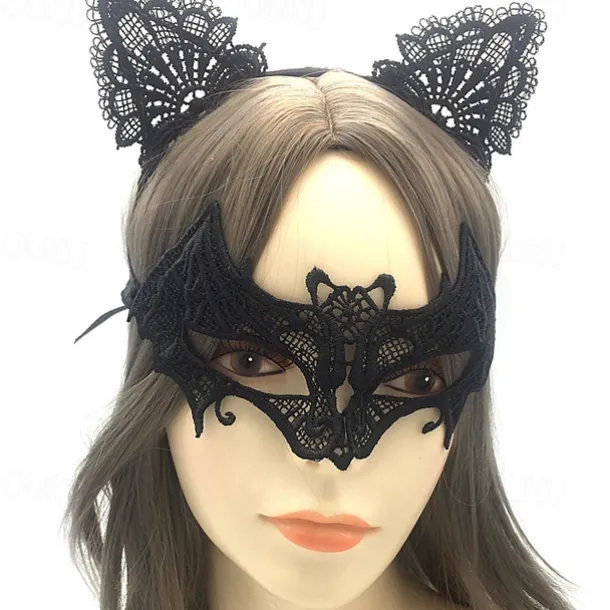 Lace Masquerade Mask for Women, Black Masquerade Mask for Women Cat Mask Cat Ear Headband with Heart Chokerl