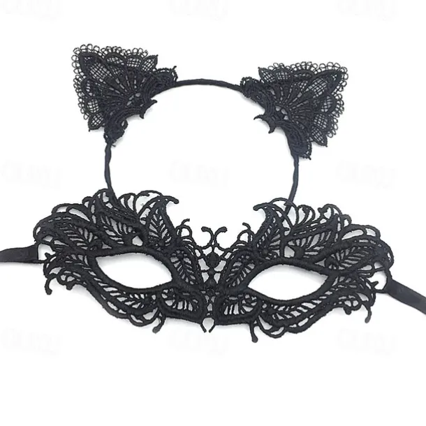Lace Masquerade Mask for Women, Black Masquerade Mask for Women Cat Mask Cat Ear Headband with Heart Chokerl