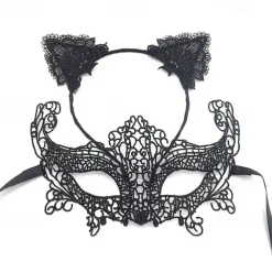 Lace Masquerade Mask for Women, Black Masquerade Mask for Women Cat Mask Cat Ear Headband with Heart Chokerl