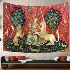 Lady and the Unicorn Medieval Tapestry Middle Age Tapestry Vintage Wall Art Large Tapestry Mural Decor Photograph Backdrop Blanket Curtain Home Bedroom Living Room Decoration
