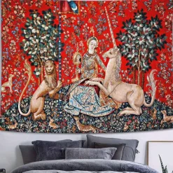 Lady and the Unicorn Medieval Tapestry Middle Age Tapestry Vintage Wall Art Large Tapestry Mural Decor Photograph Backdrop Blanket Curtain Home Bedroom Living Room Decoration