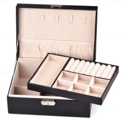 Lady PU Leather Jewelry Box Storage Box Earrings Bracelet Necklace Ring Display Case Double layer Portable Jewelry Organizer 23X17X9CM