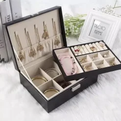 Lady PU Leather Jewelry Box Storage Box Earrings Bracelet Necklace Ring Display Case Double layer Portable Jewelry Organizer 23X17X9CM