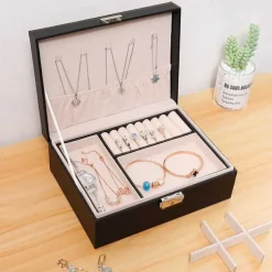 Lady PU Leather Jewelry Box Storage Box Earrings Bracelet Necklace Ring Display Case Double layer Portable Jewelry Organizer 23X17X9CM