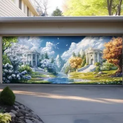 Landscape Door Decorations Garage Door Cover Spring Lake Outdoor Banner Large Backdrop for Holiday Outdoor Garage Door Home Wall Decorations