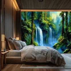 Landscape Forest Waterfall Hanging Tapestry Wall Art Large Tapestry Mural Decor Photograph Backdrop Blanket Curtain Home Bedroom Living Room Decoration
