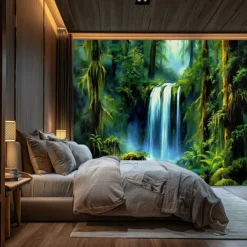 Landscape Forest Waterfall Hanging Tapestry Wall Art Large Tapestry Mural Decor Photograph Backdrop Blanket Curtain Home Bedroom Living Room Decoration