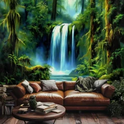 Landscape Forest Waterfall Hanging Tapestry Wall Art Large Tapestry Mural Decor Photograph Backdrop Blanket Curtain Home Bedroom Living Room Decoration