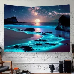 Landscape Night Ocean Hanging Tapestry Wall Art Large Tapestry Mural Decor Photograph Backdrop Blanket Curtain Home Bedroom Living Room Decoration