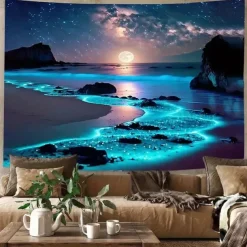 Landscape Night Ocean Hanging Tapestry Wall Art Large Tapestry Mural Decor Photograph Backdrop Blanket Curtain Home Bedroom Living Room Decoration