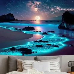 Landscape Night Ocean Hanging Tapestry Wall Art Large Tapestry Mural Decor Photograph Backdrop Blanket Curtain Home Bedroom Living Room Decoration