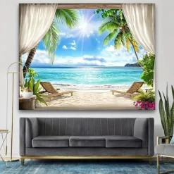 Landscape Ocean Beach Hanging Tapestry Wall Art Large Tapestry Mural Decor Photograph Backdrop Blanket Curtain Home Bedroom Living Room Decoration