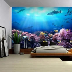 Landscape Ocean Fishes Hanging Tapestry Wall Art Large Tapestry Mural Decor Photograph Backdrop Blanket Curtain Home Bedroom Living Room Decoration