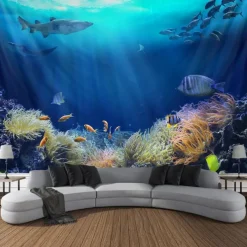 Landscape Ocean Fishes Hanging Tapestry Wall Art Large Tapestry Mural Decor Photograph Backdrop Blanket Curtain Home Bedroom Living Room Decoration