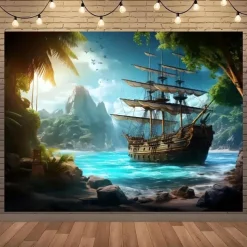 Landscape Ocean Pirate Boat Hanging Tapestry Wall Art Large Tapestry Mural Decor Photograph Backdrop Blanket Curtain Home Bedroom Living Room Decoration