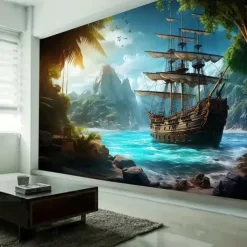 Landscape Ocean Pirate Boat Hanging Tapestry Wall Art Large Tapestry Mural Decor Photograph Backdrop Blanket Curtain Home Bedroom Living Room Decoration