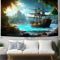 Landscape Ocean Pirate Boat Hanging Tapestry Wall Art Large Tapestry Mural Decor Photograph Backdrop Blanket Curtain Home Bedroom Living Room Decoration