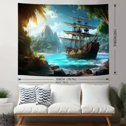 Landscape Ocean Pirate Boat Hanging Tapestry Wall Art Large Tapestry Mural Decor Photograph Backdrop Blanket Curtain Home Bedroom Living Room Decoration