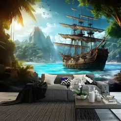 Landscape Ocean Pirate Boat Hanging Tapestry Wall Art Large Tapestry Mural Decor Photograph Backdrop Blanket Curtain Home Bedroom Living Room Decoration
