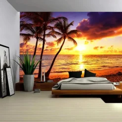 Landscape Sunset Beach Hanging Tapestry Wall Art Large Tapestry Mural Decor Photograph Backdrop Blanket Curtain Home Bedroom Living Room Decoration Palm Tree