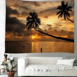 Landscape Sunset Beach Hanging Tapestry Wall Art Large Tapestry Mural Decor Photograph Backdrop Blanket Curtain Home Bedroom Living Room Decoration Palm Tree