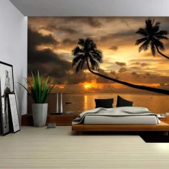 Landscape Sunset Beach Hanging Tapestry Wall Art Large Tapestry Mural Decor Photograph Backdrop Blanket Curtain Home Bedroom Living Room Decoration Palm Tree