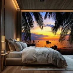 Landscape Sunset Beach Hanging Tapestry Wall Art Large Tapestry Mural Decor Photograph Backdrop Blanket Curtain Home Bedroom Living Room Decoration Palm Tree