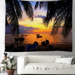 Landscape Sunset Beach Hanging Tapestry Wall Art Large Tapestry Mural Decor Photograph Backdrop Blanket Curtain Home Bedroom Living Room Decoration Palm Tree
