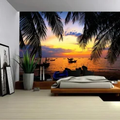 Landscape Sunset Beach Hanging Tapestry Wall Art Large Tapestry Mural Decor Photograph Backdrop Blanket Curtain Home Bedroom Living Room Decoration Palm Tree