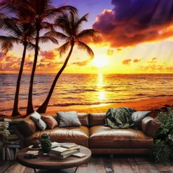 Landscape Sunset Beach Hanging Tapestry Wall Art Large Tapestry Mural Decor Photograph Backdrop Blanket Curtain Home Bedroom Living Room Decoration Palm Tree