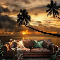 Landscape Sunset Beach Hanging Tapestry Wall Art Large Tapestry Mural Decor Photograph Backdrop Blanket Curtain Home Bedroom Living Room Decoration Palm Tree