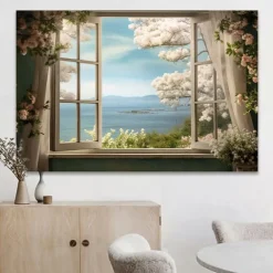 Landscape Wall Art Canvas False Window Spring Cherry Blossoms Prints and Posters Pictures Decorative Fabric Painting For Living Room Pictures No Frame