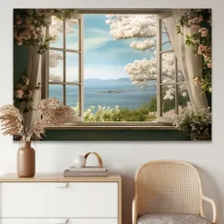 Landscape Wall Art Canvas False Window Spring Cherry Blossoms Prints and Posters Pictures Decorative Fabric Painting For Living Room Pictures No Frame