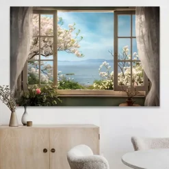 Landscape Wall Art Canvas False Window Spring Cherry Blossoms Prints and Posters Pictures Decorative Fabric Painting For Living Room Pictures No Frame