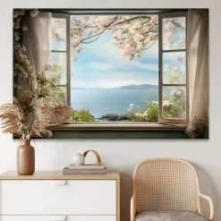 Landscape Wall Art Canvas False Window Spring Cherry Blossoms Prints and Posters Pictures Decorative Fabric Painting For Living Room Pictures No Frame