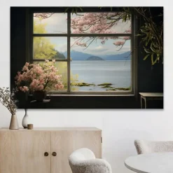 Landscape Wall Art Canvas False Window Spring Cherry Blossoms Prints and Posters Pictures Decorative Fabric Painting For Living Room Pictures No Frame