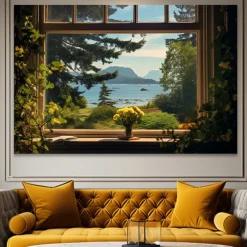 Landscape Wall Art Canvas False Window Spring Scenery Prints and Posters Pictures Decorative Fabric Painting For Living Room Pictures No Frame