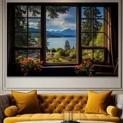 Landscape Wall Art Canvas False Window Spring Scenery Prints and Posters Pictures Decorative Fabric Painting For Living Room Pictures No Frame