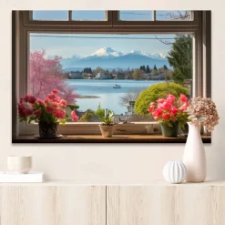 Landscape Wall Art Canvas False Window Spring Scenery Prints and Posters Pictures Decorative Fabric Painting For Living Room Pictures No Frame