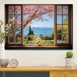 Landscape Wall Art Canvas False Window Spring Cherry Blossoms Prints and Posters Pictures Decorative Fabric Painting For Living Room Pictures No Frame