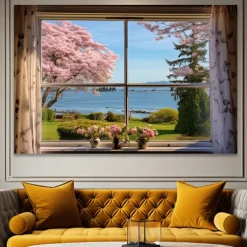 Landscape Wall Art Canvas False Window Spring Cherry Blossoms Prints and Posters Pictures Decorative Fabric Painting For Living Room Pictures No Frame