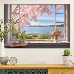 Landscape Wall Art Canvas False Window Spring Cherry Blossoms Prints and Posters Pictures Decorative Fabric Painting For Living Room Pictures No Frame