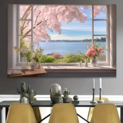 Landscape Wall Art Canvas False Window Spring Cherry Blossoms Prints and Posters Pictures Decorative Fabric Painting For Living Room Pictures No Frame